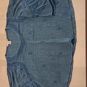 NWOT Rachel Zoe Denim Look Cropped Semi Sheer Embroidered Blue Blouse